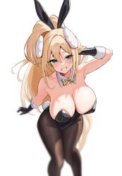 Rule 34 | 1girl, animal ears, black gloves, black leotard, black pantyhose, blonde hair, blush, breasts, cleavage, commentary request, fake animal ears, gloves, goddess of victory: nikke, green eyes, grin, hair between eyes, hand in own hair, highres, large breasts, leotard, long hair, looking at viewer, pantyhose, playboy bunny, ponytail, rabbit ears, rupee (nikke), simple background, smile, solo, standing, strapless, strapless leotard, very long hair, white background, xi oshir1