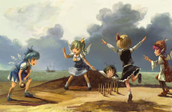 Rule 34 | 5girls, :o, amibazh, ankle boots, antennae, arm up, armband, ascot, ball, beach, bird wings, black footwear, black skirt, black vest, blonde hair, blue footwear, blue hair, blue skirt, blue vest, boots, bow, bowling, brown dress, cirno, cloud, cloudy sky, commentary request, daiyousei, day, dress, fine art parody, from behind, from side, green eyes, green hair, hair between eyes, hair bow, hair ribbon, hat, high heels, index finger raised, juliet sleeves, leg lift, long sleeves, looking at another, looking to the side, mary janes, multiple girls, mystia lorelei, ocean, open mouth, outdoors, outstretched arms, parody, pink hair, pointing, puffy short sleeves, puffy sleeves, red eyes, ribbon, rumia, sand, ship, shoes, short hair, short sleeves, side ponytail, skirt, sky, spread arms, squatting, standing, standing on one leg, team 9 (touhou), tiptoes, touhou, vest, watercraft, white legwear, wings, wriggle nightbug, yellow ascot