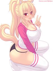 Rule 34 | 1girl, :p, animal ear fluff, animal ears, ass, black panties, blonde hair, blush, cat ears, cat girl, cat tail, cleavage cutout, closed mouth, clothing cutout, commentary, english commentary, hand up, highres, kneeling, long hair, long sleeves, nottytiffy, original, panties, patreon username, ponytail, red eyes, simple background, smile, solo, tail, thighhighs, thighs, tiffy (nottytiffy), tongue, tongue out, underwear, v, white background, white thighhighs