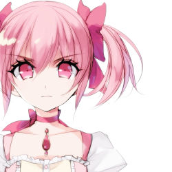 Rule 34 | 1girl, absurdres, bad id, bad pixiv id, bow, choker, collarbone, hair between eyes, hair bow, highres, jewelry, kaname madoka, kaname madoka (magical girl), looking at viewer, mahou shoujo madoka magica, mahou shoujo madoka magica (anime), misteor, necklace, pink eyes, pink hair, portrait, purple ribbon, red bow, ribbon, ribbon choker, short hair, simple background, solo, twintails, white background