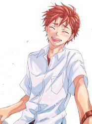 Rule 34 | 1boy, blush, closed eyes, collared shirt, ikuhashi muiko, laughing, lower teeth only, male focus, open mouth, parted bangs, red hair, red shirt, robotics;notes, shirt, short hair, short sleeves, teeth, undershirt, upper body, upper teeth only, watch, white background, white shirt, wristwatch, yashio kaito