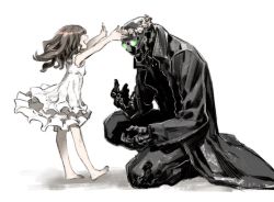 Rule 34 | 1boy, 1girl, age difference, arms up, bare shoulders, barefoot, black coat, black gloves, black pants, brown hair, closed mouth, coat, dress, flower, frilled dress, frills, gloves, glowing, glowing eyes, green eyes, head wreath, highres, kneeling, medium hair, miwa shirow, open mouth, original, pants, pink flower, simple background, smile, white background, white dress