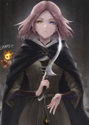 Rule 34 | 1girl, 1other, absurdres, armor, black cape, black knife (elden ring), blue eyes, brown hair, cape, commentary request, dagger, dress, elden ring, english text, facial tattoo, fire, forehead, green dress, heterochromia, highres, holding, holding dagger, holding knife, holding weapon, hood, hood down, hooded cape, knife, lips, looking at viewer, lord of the frenzied flame (elden ring), melina (elden ring), parted lips, pink lips, rockyoerr, short hair, spoilers, tarnished (elden ring), tattoo, weapon, yellow eyes
