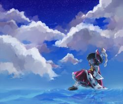 Rule 34 | 1girl, blue sky, brown hair, cloud, day, detached sleeves, expressionless, gohei, hakurei reimu, hands on own knees, image sample, jeto (jetopyon), legs together, reflection, sitting, sitting on water, sky, solo, touhou, water