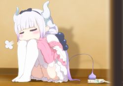 Rule 34 | 10s, 1girl, = =, anafuchi, ass, cable, capelet, dragon girl, dragon horns, dragon tail, electric plug, electrical outlet, hair bobbles, hair ornament, hairband, horns, kanna kamui, kobayashi-san chi no maidragon, light purple hair, long hair, low twintails, power strip, solo, tail, thighhighs, twintails, white thighhighs, wooden floor
