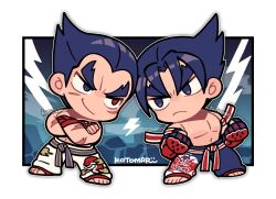 Rule 34 | 2boys, belt, black eyes, black hair, chibi, clenched hands, closed mouth, crossed arms, eye contact, facial scar, father and son, fingerless gloves, frown, full body, gloves, heterochromia, kazama jin, kotorai, looking at another, male focus, martial arts belt, mishima kazuya, multiple boys, navel, no nose, pants, pectorals, purple belt, red belt, red eyes, red gloves, scar, scar on arm, scar on cheek, scar on face, smile, snake print, standing, studded gloves, tekken, thick eyebrows, topless male, v-shaped eyebrows, white pants