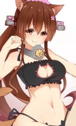 Rule 34 | 10s, 1girl, animal ears, areola slip, blush, breasts, brown eyes, brown hair, cat cutout, cat ears, cat lingerie, cat tail, cleavage, cleavage cutout, clothing cutout, detached collar, groin, kantai collection, kemonomimi mode, large breasts, long hair, looking at viewer, meme attire, navel, panties, paw pose, side-tie panties, simple background, smile, solo, stomach, string panties, suishin tenra, suitenjh, tail, tareme, underwear, underwear only, white background, yamato (kancolle)