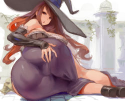 Rule 34 | 1girl, ass, ass focus, bare shoulders, black gloves, black sleeves, breast press, breasts, brown eyes, brown hair, cleavage, commentary, curvy, detached sleeves, dragon&#039;s crown, dress, elbow gloves, from behind, gloves, hat, huge ass, huge breasts, kazo (kazozakazo), long hair, looking at viewer, looking back, lying, matching hair/eyes, open mouth, parted lips, purple dress, shiny clothes, shiny skin, skull, solo, sorceress (dragon&#039;s crown), spread ass, thick thighs, thighs, white background, wide hips, witch, witch hat