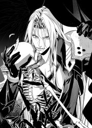 Rule 34 | 1boy, armor, black gloves, black jacket, chest strap, curtains, falling feathers, feathers, final fantasy, final fantasy vii, final fantasy vii remake, gloves, greyscale, hair between eyes, highres, holding, holding skull, jacket, long bangs, long hair, male focus, monochrome, parted bangs, sephiroth, shoulder armor, skeleton, skull, solo, upper body, yan river