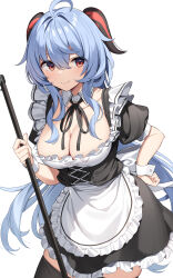 Rule 34 | 1girl, absurdres, ahoge, apron, black dress, black ribbon, black thighhighs, blue hair, breasts, cleavage, closed mouth, collarbone, commentary, dot nose, dress, frilled apron, frills, ganyu (genshin impact), genshin impact, goat horns, hair between eyes, hair intakes, hand on own hip, highres, holding, horns, large breasts, leaning forward, light smile, long hair, looking at viewer, neck ribbon, petticoat, puffy short sleeves, puffy sleeves, red eyes, ribbon, short sleeves, solo, suiroh (shideoukami), thighhighs, thighs, very long hair, waist apron, white apron, wrist cuffs