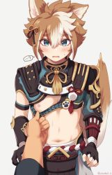 Rule 34 | ...?, 1boy, animal ears, armor, belt, black gloves, blue eyes, blush, brown hair, clant st, commentary request, cowboy shot, crop top, dog boy, dog ears, dog tail, fang, fingerless gloves, genshin impact, gloves, gorou (genshin impact), groin, hair between eyes, hair ornament, highres, igote, japanese armor, japanese clothes, looking at viewer, male focus, multicolored hair, navel, nipples, open mouth, pants, paw print, pov, pov hands, shrug (clothing), sidelocks, simple background, single fingerless glove, solo focus, standing, stomach, streaked hair, sweat, tail, tail raised, tassel, twitter username, white background, white hair