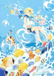 Rule 34 | 1girl, :o, air bubble, animal, arms at sides, artist name, bare arms, barefoot, blonde hair, blue background, blue eyes, blue shorts, bubble, calico, cat, fish, frilled shirt collar, frills, hair ornament, hairclip, midriff, navel, open mouth, original, polka dot, polka dot shorts, seuga, shirt, short hair, shorts, sitting, sleeveless, sleeveless shirt, solo, tropical fish, underwater, water, white shirt