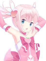 Rule 34 | 1girl, arms up, bare shoulders, blue eyes, blush, bow, chiyoda momo, choker, collarbone, commentary request, derivative work, detached sleeves, dress, flat chest, hair ornament, heart, long sleeves, machikado mazoku, open mouth, pink bow, pink choker, pink dress, pink hair, pink sleeves, sidelocks, simple background, solo, strapless, strapless dress, twintails, upper body, v-shaped eyebrows, white background, yutsuki warabi