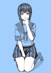 Rule 34 | 10s, 1girl, blue background, blue theme, commentary request, female focus, fubuki (kancolle), hand on lap, hand to own mouth, kantai collection, kneeling, kouji (campus life), looking at viewer, low ponytail, miniskirt, monochrome, naughty face, pleated skirt, school uniform, serafuku, short ponytail, short sleeves, sketch, skirt, smile, socks, solo