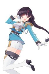Rule 34 | 1girl, :o, belt, black hair, boots, braid, epaulettes, gloves, hair ornament, hairclip, high heels, highres, long hair, looking at viewer, nerua (soccer spirits), purple eyes, shorts, soccer spirits, solo, ssberit, standing, thigh boots, thighhighs, transparent background, white footwear, white gloves, white thighhighs