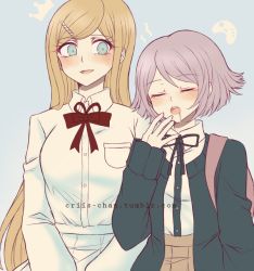 Rule 34 | 2girls, alternate hair length, alternate hairstyle, backpack, bag, black jacket, black ribbon, black shirt, blonde hair, blush, bow, breast pocket, closed eyes, collared shirt, commentary, controller, criis-chan, crown print, danganronpa (series), danganronpa 2: goodbye despair, dress shirt, drooling, game controller, green eyes, grey hair, hair ornament, hairclip, hand up, jacket, long hair, long sleeves, looking at another, multiple girls, nanami chiaki, open clothes, open jacket, open mouth, pleated skirt, pocket, red bow, red neckwear, ribbon, shirt, shirt tucked in, short hair, skirt, sonia nevermind, teeth, two-tone shirt, upper teeth only, v arms, white shirt, white skirt, yawning
