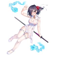 Rule 34 | 1girl, absurdres, black hair, blue fire, breasts, cleavage, commentary request, fire, flower, full body, hair flower, hair ornament, hair over one eye, highres, holding, holding sword, holding weapon, katana, large breasts, looking at viewer, official alternate costume, official art, open mouth, sano toshihide, shishimura koro, shoes, short hair, simple background, sleeveless, solo, sword, taimanin (series), taimanin rpgx, thighhighs, tongue, weapon, white background, zol