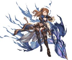 Rule 34 | 10s, 1girl, armor, armored boots, asymmetrical bangs, beatrix (granblue fantasy), belt, bikini armor, black footwear, black shorts, boots, breasts, brown eyes, brown hair, cleavage, closed mouth, darkness, full body, gauntlets, granblue fantasy, hair ornament, holding, holding sword, holding weapon, large breasts, leaning forward, long hair, matching hair/eyes, minaba hideo, navel, official art, ponytail, red thighhighs, short shorts, shorts, smile, solo, sword, thigh boots, thighhighs, transparent background, turtleneck, weapon, zettai ryouiki
