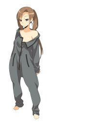 Rule 34 | 1girl, areola slip, bags under eyes, barefoot, black eyes, breasts, brown hair, cleavage, full body, highres, ino (magloid), jumpsuit, kousaka rino, long hair, medium breasts, no bra, otome function, simple background, solo, twintails, white background