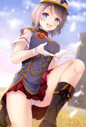 Rule 34 | 1girl, black hat, black ribbon, blue eyes, blue sky, blush, boots, breasts, brown footwear, day, earrings, epaulettes, feathers, from below, gloves, hands up, happy party train, hat, jewelry, knee boots, kneeling, komone ushio, light purple hair, looking at viewer, looking down, love live!, love live! sunshine!!, medium breasts, miniskirt, on one knee, outdoors, panties, pantyshot, purple skirt, ribbon, short hair, short sleeves, skirt, sky, solo, swept bangs, thighs, underwear, upper body, watanabe you, white gloves, white panties