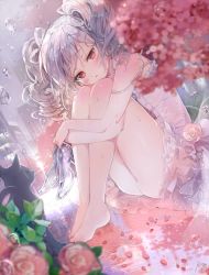 Rule 34 | 10s, 1girl, barefoot, black cat, blurry, blush, building, cat, city, depth of field, dress, drill hair, dutch angle, flower, frilled dress, frills, full body, glass slipper, holding, holding shoes, idolmaster, idolmaster cinderella girls, kanzaki ranko, hugging own legs, long hair, off shoulder, outdoors, petals, rain, red eyes, repi, rose, shoes, unworn shoes, short dress, silver hair, sleeveless, sleeveless dress, solo, strap slip, thighs, triangle mouth, twin drills, twintails, water, water drop, wet, wet clothes