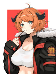 Rule 34 | 1girl, 2020, absurdres, ahoge, aqua eyes, arknights, black jacket, breasts, chinese commentary, cleavage, collarbone, commentary request, croissant (arknights), crop top, food, fur-trimmed jacket, fur trim, hand up, highres, holding, holding food, horns, jacket, lanming, large breasts, long sleeves, midriff, no headwear, orange hair, parted lips, pocky, shirt, short hair, solo, stomach, upper body, white shirt