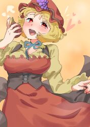 Rule 34 | 1girl, aki minoriko, arm up, blonde hair, bob cut, bow, bowtie, breasts, collared shirt, commentary request, corset, cowboy shot, cross-laced clothes, cross-laced corset, dress, fig, food, grape hat ornament, hat, highres, holding, holding clothes, holding food, large breasts, looking at viewer, mob cap, open mouth, orange background, red dress, red hat, shirt, short hair, smile, sobayu to tenpura, solo, teeth, touhou, underbust, upper teeth only, waist bow, yellow shirt