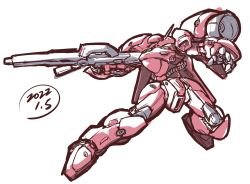 Rule 34 | dated, from side, gerbera tetra, green eyes, gun, gundam, gundam 0083, heirou enterprise, highres, holding, holding gun, holding weapon, mecha, mobile suit, no humans, one-eyed, open hand, robot, science fiction, sketch, solo, thrusters, weapon, white background