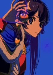 Rule 34 | 1girl, absurdres, arm at side, arm up, black hair, blue background, blue eyes, blue jacket, buttons, commentary, fingernails, from side, fur-trimmed jacket, fur trim, hair ornament, highres, holding, holding button, jacket, jacket on shoulders, kagura hikari, long hair, long sleeves, looking at object, looking to the side, nasu (nasu8901), parted lips, red sash, sash, shoujo kageki revue starlight, shoulder sash, sidelocks, sideways glance, simple background, solo, sparkle, sparkle hair ornament, tassel, upper body