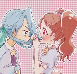 Rule 34 | 1boy, 1girl, aji fry, aqua eyes, ascot, blue dress, blue hair, blush, bow, bowtie, brown hair, checkered background, collar, commentary, covered mouth, dress, fake facial hair, fake mustache, flower (symbol), food-themed hair ornament, from side, hair ornament, half-closed eyes, highres, kirakira patisserie uniform, kirakira precure a la mode, leaf hair ornament, long hair, looking at another, low ponytail, outline, pikario (precure), pink eyes, pink neckwear, ponytail, precure, puffy short sleeves, puffy sleeves, purple neckwear, short sleeves, star (symbol), strawberry hair ornament, sweatdrop, twintails, twitter username, upper body, usami ichika, white collar, white outline