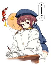 Rule 34 | 10s, 1boy, 1girl, admiral (kancolle), behind another, beret, brown eyes, gloves, hat, head on another&#039;s shoulder, highres, kantai collection, kugimiya atsuki, military, military uniform, naval uniform, open mouth, over shoulder, pen, pencil, red hair, sailor hat, short hair, simple background, surprised, table, uniform, white background, z3 max schultz (kancolle)