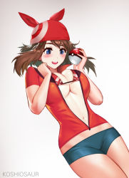 Rule 34 | 1girl, artist name, bad id, bad pixiv id, bandana, bike shorts, bikini, bikini top only, blue eyes, blush, breasts, brown hair, cowboy shot, creatures (company), game freak, holding, holding poke ball, koshio, large breasts, may (pokemon), navel, nintendo, open clothes, open mouth, poke ball, poke ball (basic), pokemon, pokemon rse, short hair, short shorts, shorts, smile, solo, swimsuit, underboob, unzipped