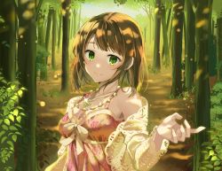 Rule 34 | 1girl, bad id, bad pixiv id, bare shoulders, blush, breasts, brown hair, camisole, cardigan, cleavage, closed mouth, floral print, forest, green eyes, idolmaster, idolmaster cinderella girls, jewelry, long sleeves, looking at viewer, maekawa miku, medium breasts, nature, necklace, off shoulder, open cardigan, open clothes, pinb, pink camisole, shade, short hair, smile, solo, swept bangs, upper body