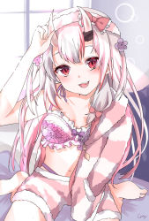 Rule 34 | 1girl, bed, bra, breasts, commentary request, cray, hair between eyes, hair ornament, highres, hololive, horns, long hair, looking at viewer, nakiri ayame, navel, open mouth, silver hair, skin-covered horns, solo, underwear, virtual youtuber, window