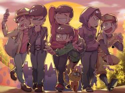 Rule 34 | 10s, 6+boys, ;3, arm around shoulder, arm behind head, arm on another&#039;s shoulder, bad id, bad twitter id, baseball cap, baseball uniform, blush, brothers, capri pants, cat, closed eyes, denim, esper nyanko, hat, hood, hoodie, jacket, jeans, leather, leather jacket, looking at another, male focus, matsuno choromatsu, matsuno ichimatsu, matsuno jyushimatsu, matsuno karamatsu, matsuno osomatsu, matsuno todomatsu, multiple boys, one eye closed, open clothes, open jacket, osomatsu-kun, osomatsu-san, osomatsu (series), pants, plaid, plaid shirt, porkpie hat, rian (bdl), selfie, sextuplets, shirt, siblings, smile, sportswear, sunglasses, sunset, v, walking, wristband