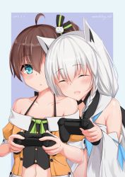 Rule 34 | 2girls, :o, absurdres, ahoge, animal ears, aqua eyes, arms up, artist name, blue background, blush, braid, brown hair, cat hair ornament, closed eyes, collarbone, controller, dated, detached sleeves, fox ears, game controller, hair ornament, hair ribbon, halterneck, head on another&#039;s shoulder, highres, holding, holding controller, hololive, leaning on person, long hair, looking at viewer, midriff, multiple girls, natsuiro matsuri, natsuiro matsuri (1st costume), navel, open clothes, open mouth, open shirt, orange shirt, ponytail, ribbon, shirakami fubuki, shirakami fubuki (1st costume), shirt, shirt under shirt, short hair, single braid, smile, two-tone background, upper body, virtual youtuber, watchdog rol (y1104280730), white hair