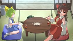 Rule 34 | 2girls, blush, bow, breasts, brown hair, chopsticks, closed eyes, closed mouth, collared shirt, commentary request, cookie (touhou), cup, daiyousei, detached sleeves, diyusi (cookie), flat chest, food, frilled bow, frilled hair tubes, frilled skirt, frills, fruit, full body, green hair, hair bow, hair tubes, hakurei reimu, highres, holding, holding chopsticks, holding pitcher, ice, ice cube, indoors, kurotsuki hiiragi, large breasts, long hair, looking at another, multiple girls, necktie, noel (cookie), open mouth, pillow, ponytail, red bow, red shirt, red skirt, ribbon-trimmed sleeves, ribbon trim, shirt, short hair, short sleeves, sidelocks, sitting, skirt, skirt set, sleeveless, sleeveless shirt, smile, socks, table, tatami, touhou, trash can, wariza, watermelon, white shirt, white sleeves, white socks, wide sleeves, yellow bow, yellow necktie