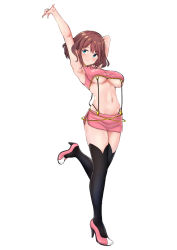 Rule 34 | 1girl, armpits, arms up, black thighhighs, blue eyes, blush, breasts, brown hair, closed mouth, commentary request, full body, high heels, leg up, medium hair, miniskirt, nakasima-syouta, navel, original, pink footwear, pink skirt, side slit, simple background, skirt, smile, solo, suspender skirt, suspenders, thighhighs, underboob, w, white background