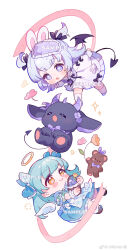 Rule 34 | 2girls, angel, angel wings, animal ears, apron, aqua hair, basket, black bow, black bowtie, black wings, blue bow, blue dress, blue sleeves, bow, bowtie, brown footwear, chibi, chinese commentary, closed mouth, collar, collared dress, commentary request, demon girl, demon tail, demon wings, detached wings, dream han, dress, eyelashes, floral print, flower, footwear bow, frilled collar, frilled dress, frills, hair bow, halo, heart, heart in eye, highres, holding, holding basket, kneehighs, light blush, long hair, long sleeves, looking at another, mask, mask on head, medium dress, mini wings, multiple girls, multiple hair bows, open mouth, original, pink ribbon, puffy long sleeves, puffy sleeves, purple bow, purple bowtie, purple eyes, purple flower, purple mask, rabbit ears, ribbon, sample watermark, shoes, short sleeves, simple background, sleep mask, sleeve bow, sleeves past wrists, socks, sparkle, stuffed animal, stuffed toy, symbol in eye, tail, teddy bear, two side up, watermark, weibo logo, weibo username, white apron, white background, white bow, white dress, white footwear, white hair, white sleeves, white socks, white wings, white wrist cuffs, wings, wrist cuffs, yellow eyes, yellow halo