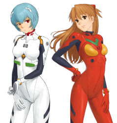 2girls ayanami_rei bad_id bad_pixiv_id blue_hair brown_eyes brown_hair long_hair mecha_pilot_suit multiple_girls neon_genesis_evangelion plugsuit red_eyes short_hair souryuu_asuka_langley watanabe_yasuaki