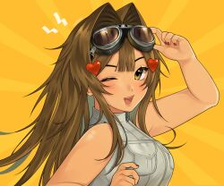 Rule 34 | 1girl, arm up, blush, borrowed character, brown hair, brown nails, goggles, goggles on head, hair ornament, heart, heart hair ornament, highres, juyeobie, long hair, looking at viewer, nanaco (hott0g111), one eye closed, open mouth, original, simple background, sleeveless, smile, solo, yellow background