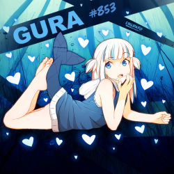 Rule 34 | 1girl, barefoot, blue eyes, blue hair, blue shirt, bottomless, commentary, feet, fins, fish tail, food, gawr gura, holding, holding food, hololive, hololive english, hood, hood down, hooded shirt, legs, long hair, lying, multicolored hair, on stomach, open mouth, shark girl, shark tail, sharp teeth, shirt, short twintails, sleeveless, sleeveless shirt, soles, srgrafo, streaked hair, tail, teeth, toes, twintails, two side up, virtual youtuber, white hair