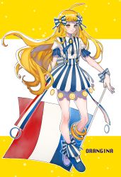 Rule 34 | 1girl, absurdres, ahoge, arutera, bad id, bad pixiv id, blonde hair, bow, copyright name, dress, flag, france, hair bow, hair ornament, highres, long hair, orangina, personification, shoes, short sleeves, solo, text focus, very long hair, yellow eyes