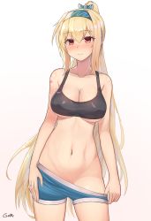 Rule 34 | 1girl, artist name, black sports bra, blonde hair, blush, bow, breasts, closed mouth, gamryous, girls&#039; frontline, green hairband, green shorts, hair bow, hairband, highres, long hair, looking at viewer, mod3 (girls&#039; frontline), no panties, ponytail, red eyes, shorts, smile, sports bra, sv-98 (girls&#039; frontline), sv-98 (mod3) (girls&#039; frontline), underwear, undressing