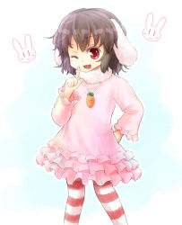 Rule 34 | 1girl, animal ears, black hair, blush, carrot necklace, child, dress, eyebrows, frilled dress, frills, fur trim, inaba tewi, index finger raised, jewelry, long sleeves, looking at viewer, morioka itari, necklace, one eye closed, pantyhose, pink dress, rabbit, rabbit ears, red eyes, short hair, solo, striped clothes, striped pantyhose, touhou