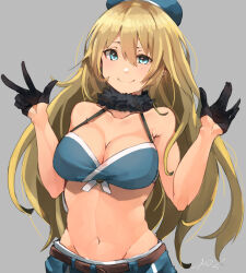 Rule 34 | 1girl, adapted costume, atago (kancolle), belt, beret, bikini, bikini top only, black gloves, blonde hair, blue bikini, blue hat, breasts, gloves, green eyes, grey background, groin, half gloves, hat, highres, kantai collection, large breasts, long hair, navel, salute, simple background, smile, solo, sunday aki, swimsuit, upper body, v, vulcan salute