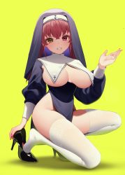 Rule 34 | 1girl, black footwear, blue dress, blush, breast curtains, breasts, crossed bangs, dress, grin, hair between eyes, hand up, heel pop, heterochromia, high heels, highres, hololive, houshou marine, houshou marine (nun), large breasts, long hair, long sleeves, looking at viewer, nail polish, nun, pretty mundane, puffy long sleeves, puffy sleeves, red eyes, red hair, red nails, simple background, smile, solo, thighhighs, veil, virtual youtuber, white thighhighs, yellow background, yellow eyes