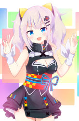 Rule 34 | 1girl, :d, bare shoulders, black dress, blue eyes, blush, breasts, cleavage, cleavage cutout, clothing cutout, commentary request, cowboy shot, dress, fang, hair ornament, hairclip, head tilt, highres, kaguya luna, long hair, looking at viewer, massala, medium breasts, obi, open mouth, sash, sidelocks, silver hair, sleeveless, sleeveless dress, smile, solo, the moon studio, twintails, v-shaped eyebrows, virtual youtuber