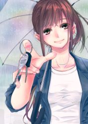 Rule 34 | 1girl, asai umi, blue jacket, blurry, breasts, brown hair, building, car keys, city, closed mouth, depth of field, earrings, green eyes, grey sky, head tilt, highres, holding, holding key, jacket, jewelry, key, long hair, looking at viewer, medium breasts, necklace, open clothes, open jacket, original, outdoors, outstretched arm, parasol, rain, shirt, sky, solo, transparent, transparent umbrella, umbrella, upper body, water, wet, white shirt