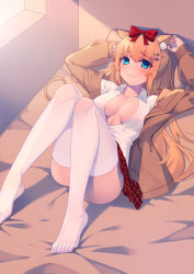 Rule 34 | 1girl, :3, absurdres, animal ears, arms up, ass, blazer, blonde hair, blue eyes, blush, bow, breasts, breasts apart, cat ears, closed mouth, collarbone, collared shirt, hair bow, heiyizhushenxia, highres, indoors, jacket, knees up, long hair, looking at viewer, lying, medium breasts, no bra, on back, on bed, open clothes, open shirt, original, partially unbuttoned, plaid, plaid skirt, pleated skirt, shirt, skirt, smile, solo, thighhighs, thighs, toes, white thighhighs, wing collar, zettai ryouiki